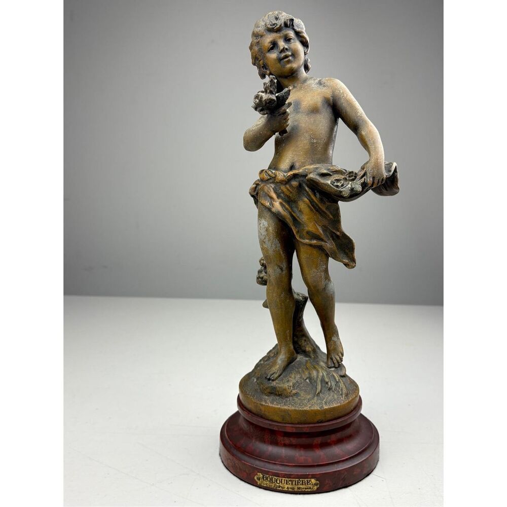 Antique Auguste Moreau Bouquetiere Spelter Bronze Boy Cherub Sculpture France CT